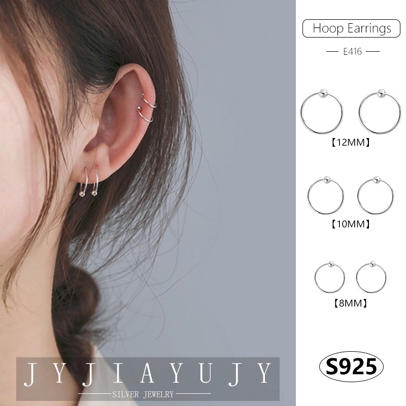 JYJIAYUJY 100% Sterling Silver S925 Hoop Earrings 8/10/12MM Round Bead Shape Korean Fashion Style Ca