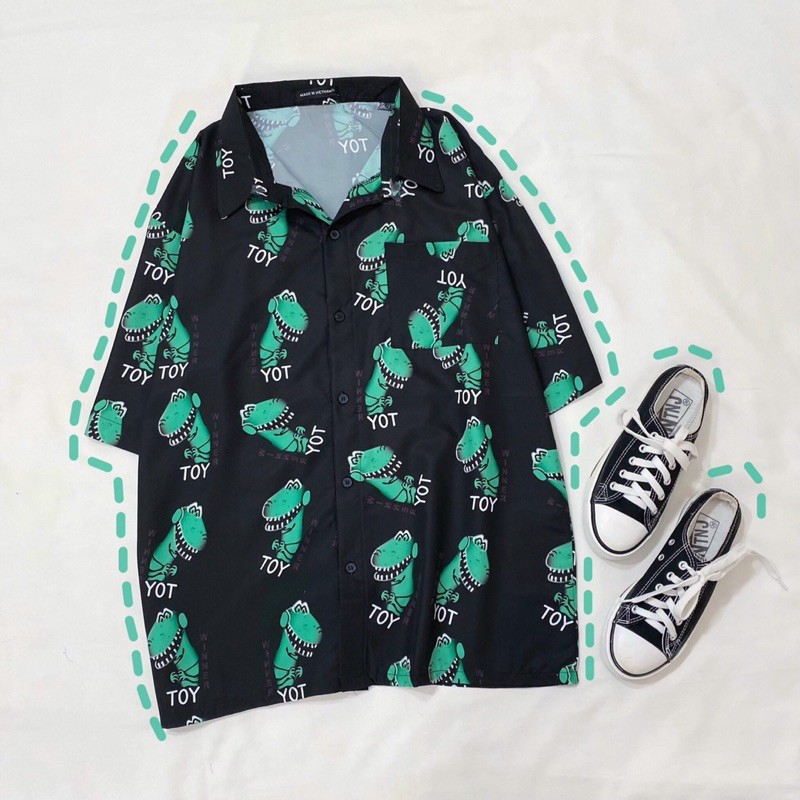 Áo sơ mi hoạ tiết khủng long tay lở dáng rộng unisex nam nữ, áo sơ mi đi biển, áo sơ mi nhóm, Áo sơ mi in hình