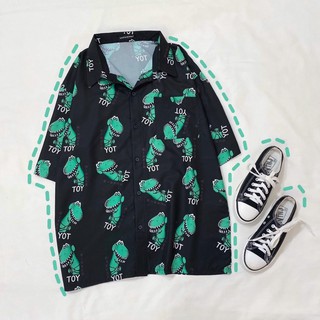 Áo sơ mi hoạ tiết khủng long tay lở dáng rộng unisex nam nữ, áo sơ mi đi biển, áo sơ mi nhóm, Áo sơ mi in hình