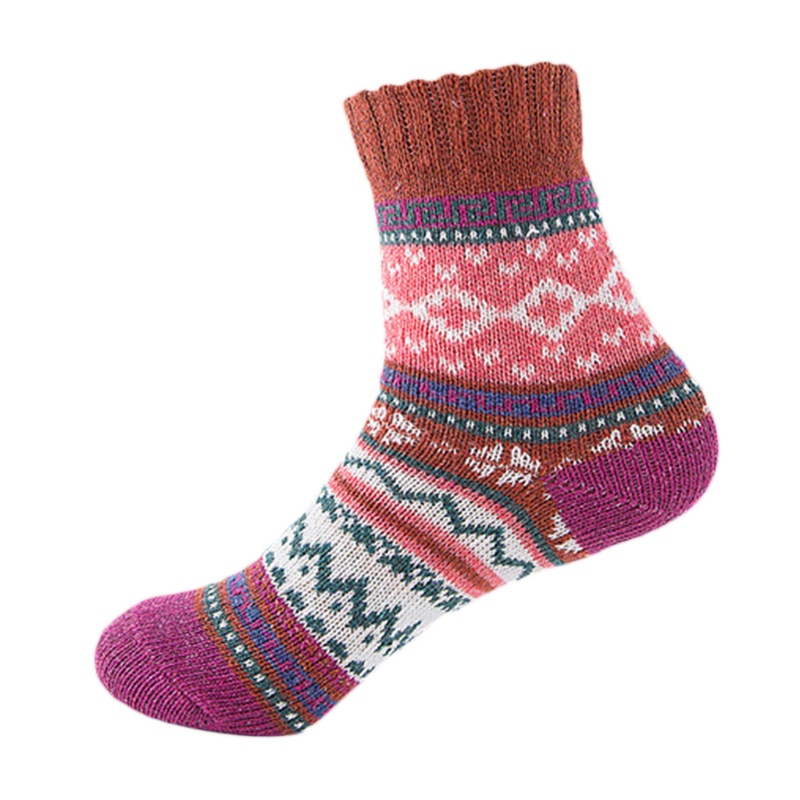 Set 5 Đôi Tất Dệt Kim Dày Giữ Ấm Họa Tiết Kẻ Sọc Nhiều Màu Sắc Phong Cách Vintage
