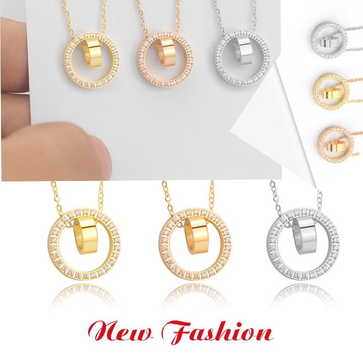 Dây chuyền titan 2 nhẫn lồng đính đá vòng quanh lấp lánh siêu đẹp, bền màu, hợp thời trang