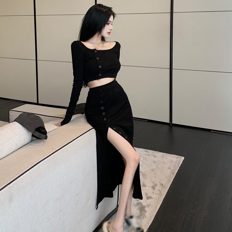 Set Áo Croptop Tay Dài + Chân Váy Xẻ Tà Lưng Cao Màu Sắc Đơn Giản Trẻ Trung
