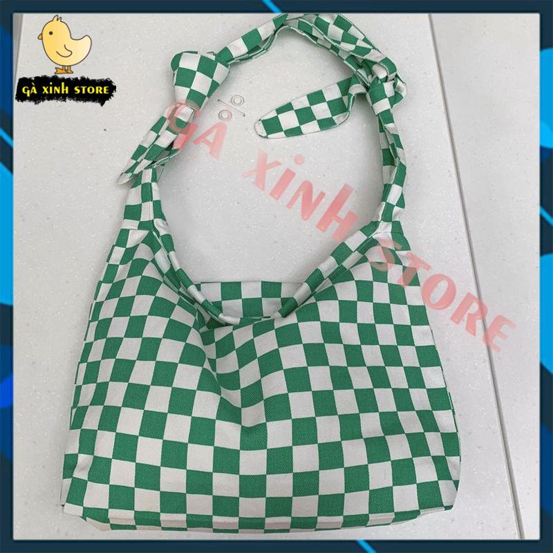 Túi tote đeo chéo nam nữ caro vải canvas phong cách ulzzang unisex đi học đi chơi