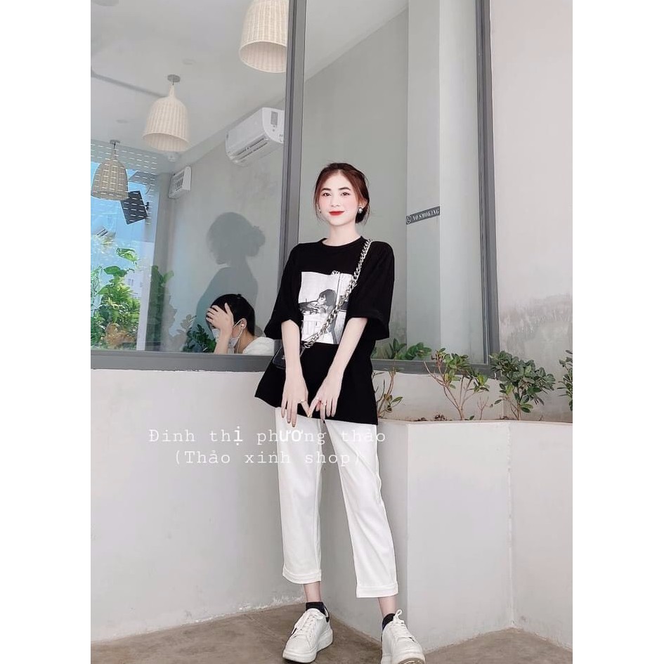 Set đồ nữ quần trắng ống rộng áo thun cô gái tay lỡ unisex, Bộ đồ nữ mùa hè form r