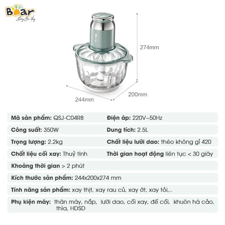 Máy Xay Bear QSJ-C04R8S Kèm Cối Thủy Tinh 2,5L Công Suất 350W Xay Thịt, Xay Thực Phẩm, Xay Sinh Tố