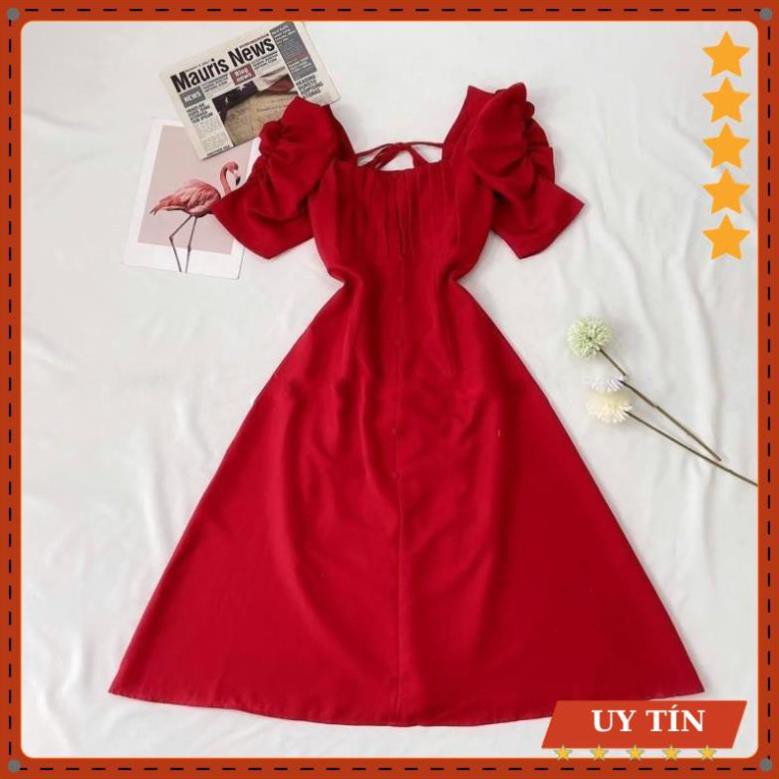 Đầm tay bồng xếp li ngực nút bọc Eva_home_fashion | BigBuy360 - bigbuy360.vn