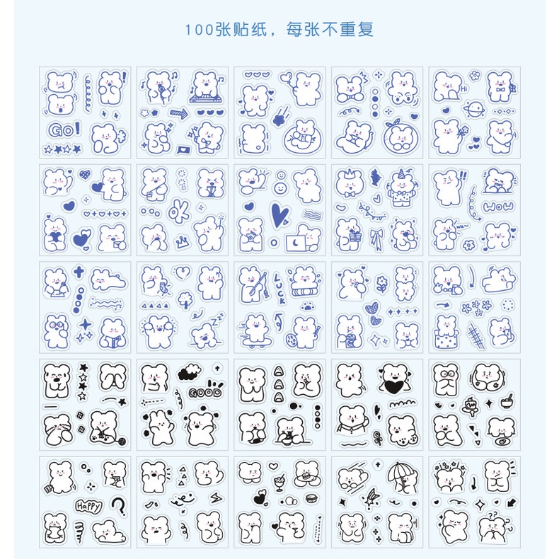 Hộp 100 miếng dán trang trí họa tiết thỏ/gấu hoạt hình đáng yêu DIY