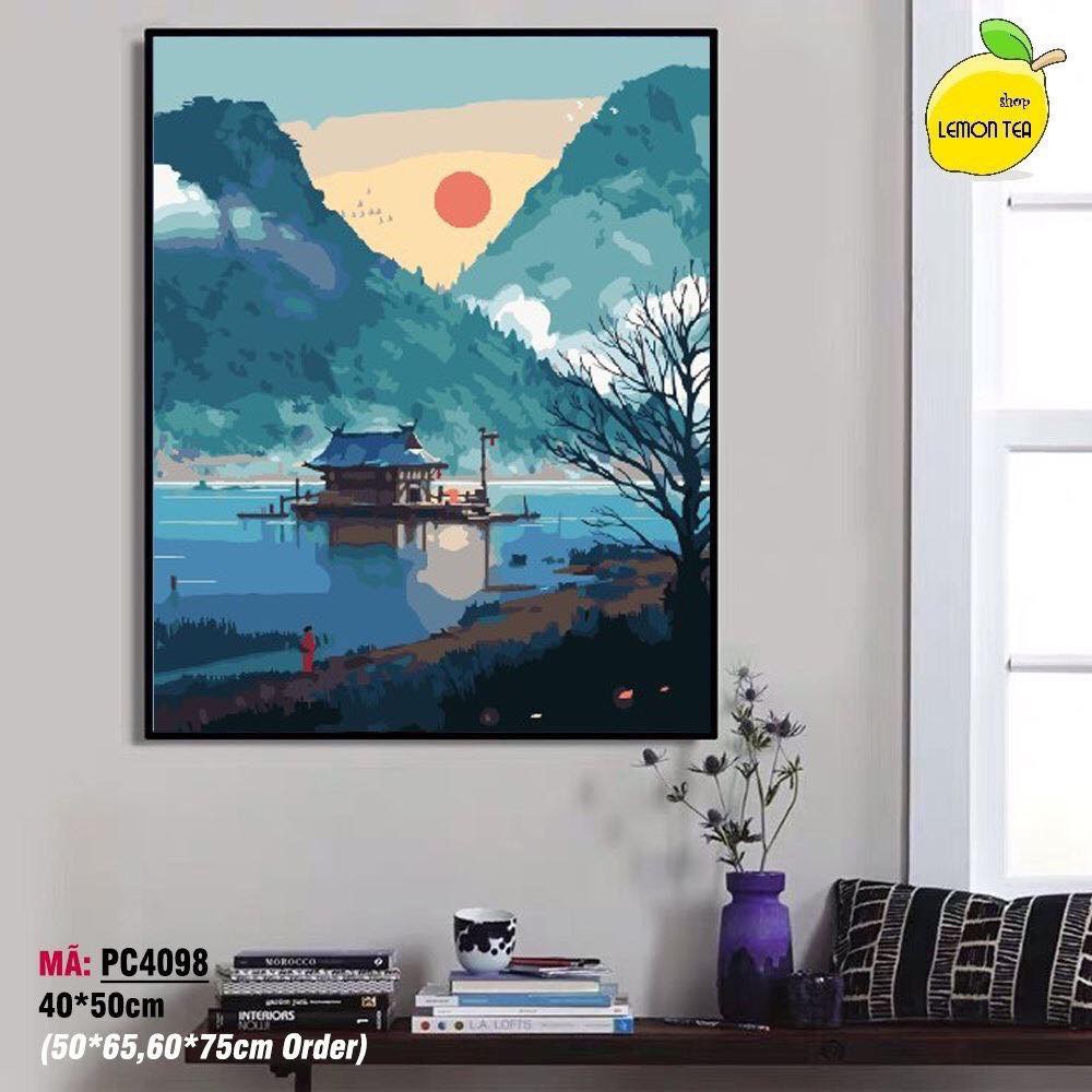TRANH SỐ HÓA TỰ TÔ MÀU - LEMON TEASHOP - TRANH ĐÃ CĂNG KHUNG 40X50 " PHONG CẢNH GÓC NÚI", Tranh chất lượng, màu đẹp