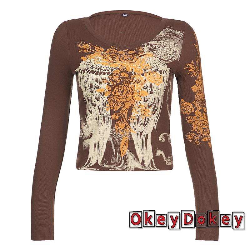 Áo tay dài cổ tròn in họa tiết lông vũ phong cách vintage cho nữ