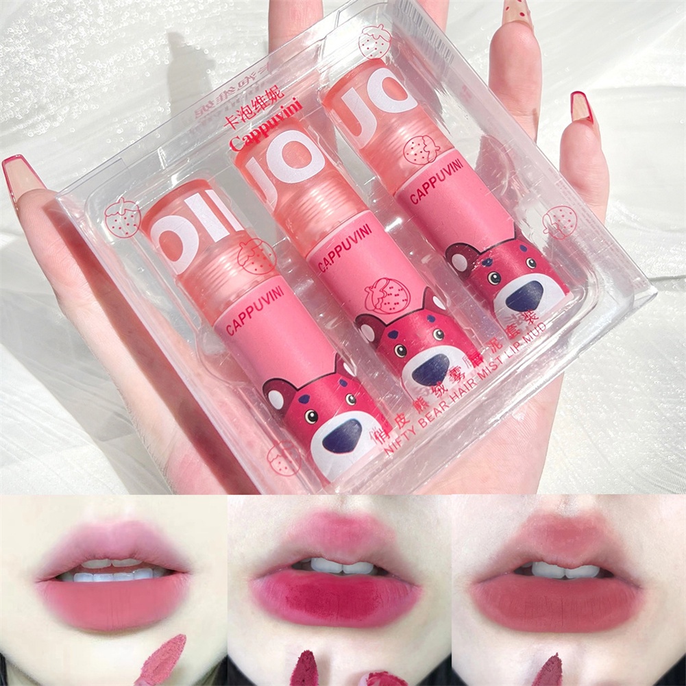 Cappuvini Son Lì Nhung Lụa Trượt Miệng Đỏ Hồng Dễ Thương Son Môi Gấu ^ MK ^