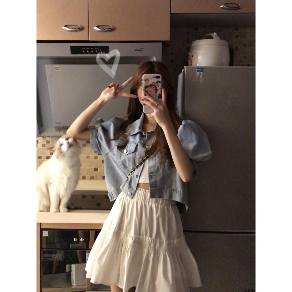 Áo Khoác Denim Mỏng Tay Phồng Ngắn Dáng Rộng Phong Cách Hàn Quốc Thời Trang Cho Nữ