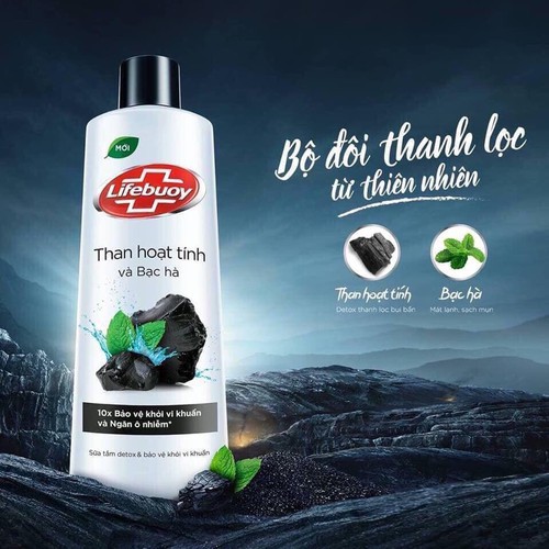 COMBO 3 chai sửa tắm Lifebuoy than hoạt tính và bạc hà 200g