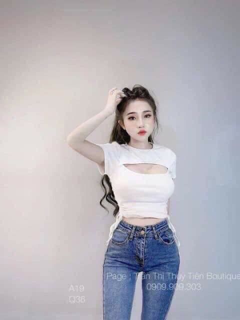 Áo croptop hở ngực dây rút eo