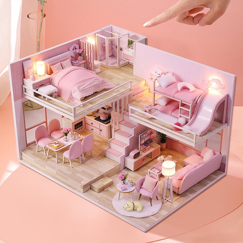 (Tặng mica,keo sữa,đèn)Nhà búp bê đầy đủ nội thất tự lắp ráp diy doll house Mô hình gỗ đồ chơi cho bé M031