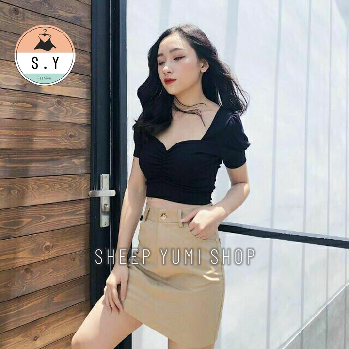 Áo Thun Croptop Cổ Vuông Nhún Ngực Tay Phồng SHEEP YUMI SHOP AC07