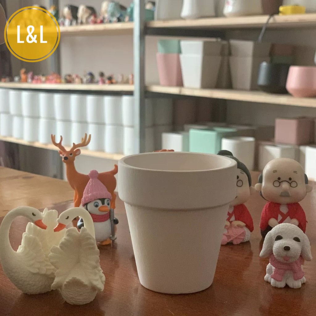 Bộ 3 chậu đất nung vành miệng trắng xinh xắn trồng cây cảnh để bàn, cây cảnh mini, sen đá, xương rồng