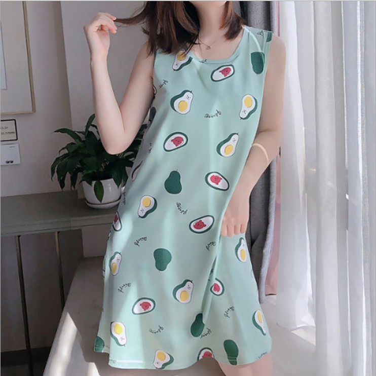 Váy ngủ khoet lách cotton có đệm ngực dưới 55kg, đầm ngủ cute cotton