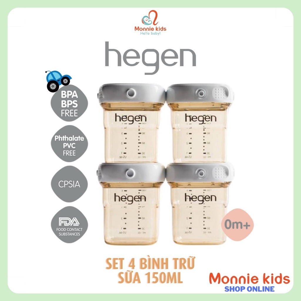 Set 4 bình trữ sữa HEGEN PPSU 150ML, combo bình đựng sữa mẹ cao cấp nắp trắng - Monnie Kids