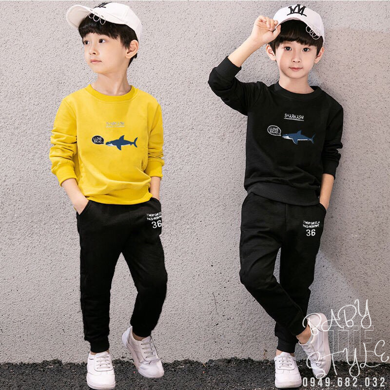 Bộ quần áo thu đông &quot;S.H.A.R.K&quot; 14-48kg cho bé trai từ 4-14 tuổi. Thiết kế đẹp. Hàng may kỹ.