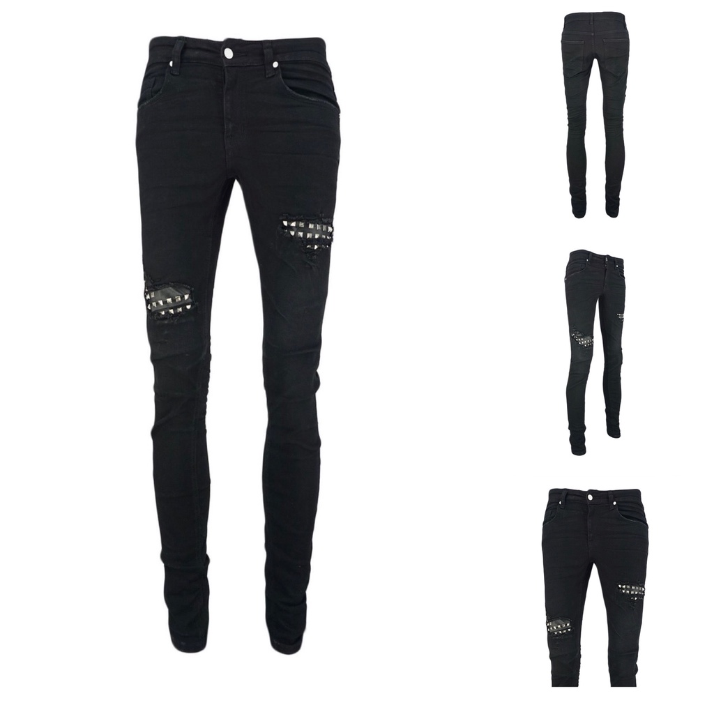 Quần Jeans Nam STREETWEAR Cao Cấp, Quần Bò Rách 2 Lỗ, Gắn Đinh Màu Đen Không Phai Màu TLB Vietnam