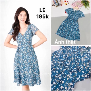 Bán sỉ Đầm hoa nhí xanh cổ V thiết kế có ảnh thật sll giá tốt