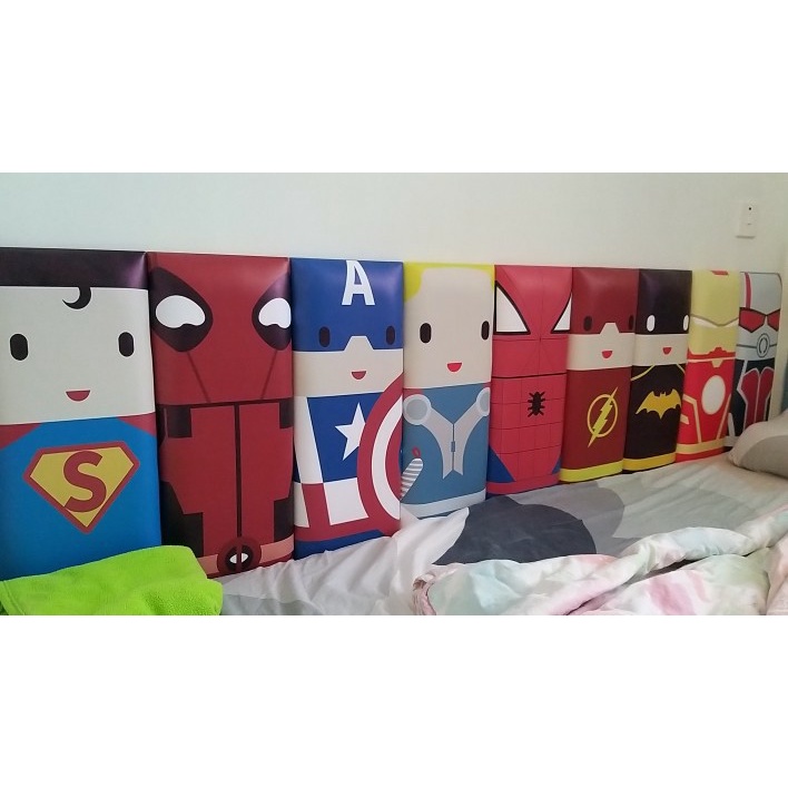 Miếng xốp nệm da dán tường hình siêu nhân dày 3cm trang trí phòng ngủ đầu giường chống va đập an toàn cho bé