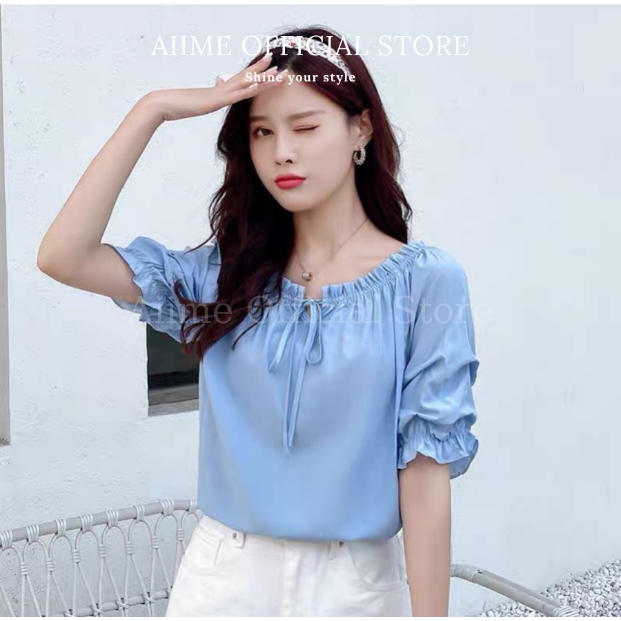 Áo sơ mi nữ cổ bèo thắt dây tay lửng chun viền nhẹ