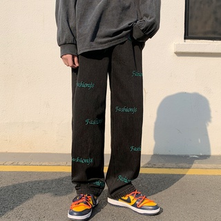 ✦ AFFLIGA ✦Quần Jeans Nam Màu Xanh Nhạt Thêu Chữ Phong Cách Hàn Quốc