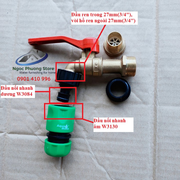 Cút nối nhanh dương W3084 AQUAMATE ĐÀI LOAN, đầu còn lại nối vòi nước ren ngoài 21mm hoặc 27mm
