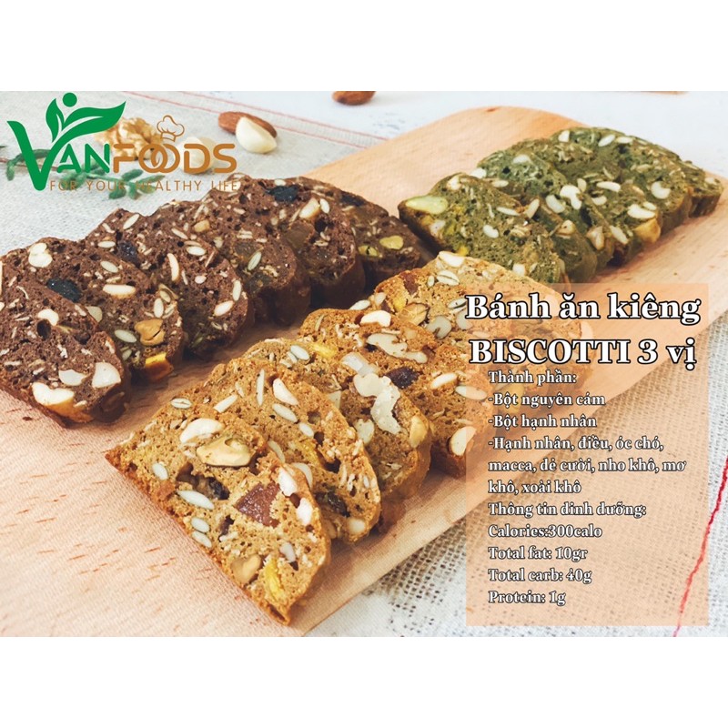 [MUA 2 GIẢM 10k]Biscotti ăn kiêng SIÊU HẠT HEALTHY mix 3 VỊ hộp 300gr-VanFood-BISCOTTI NGUYÊN CÁM-Vani,Trà xanh, socola