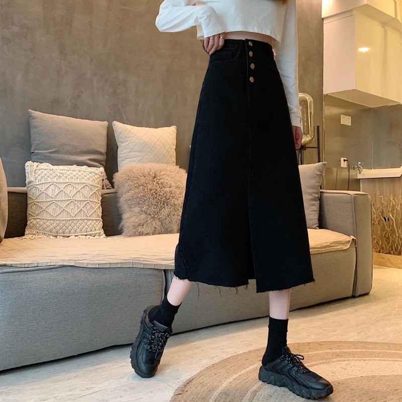 Chân váy bò dài WANAWEAR chân váy jean xẻ trước hàng cúc dáng chữ a qua gối cực xinh chất đẹp hot trend
