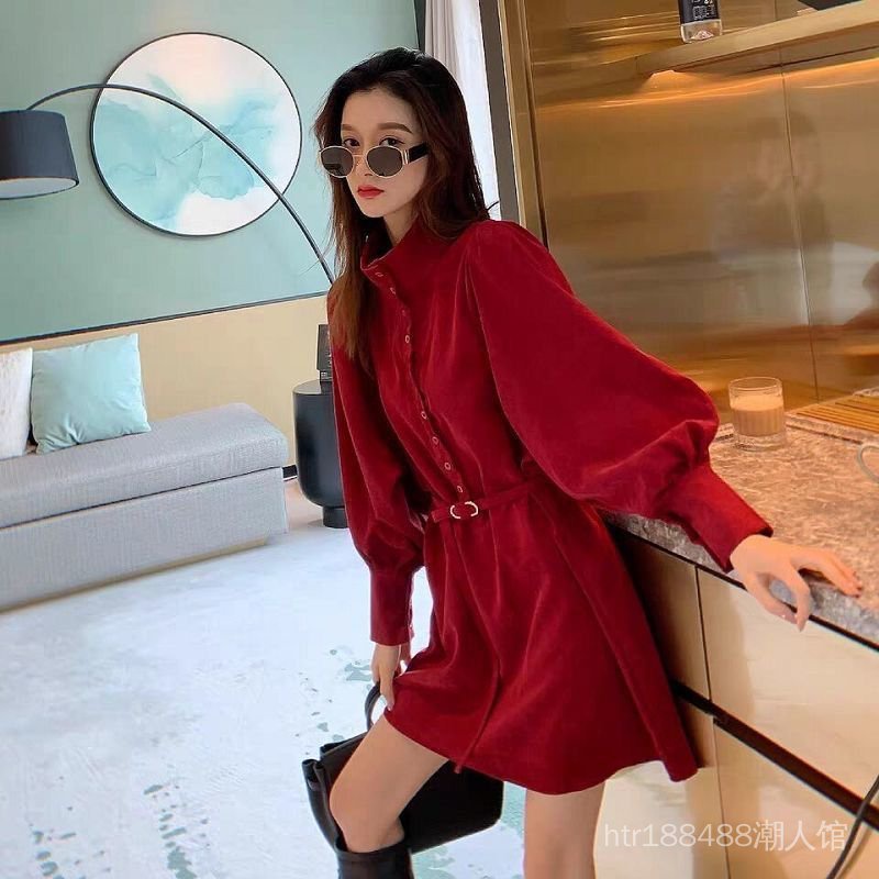 Đầm Sơ Mi Vải Nhung Phong Cách Retro Thời Trang Năm Mới 2022 Cho Nữ