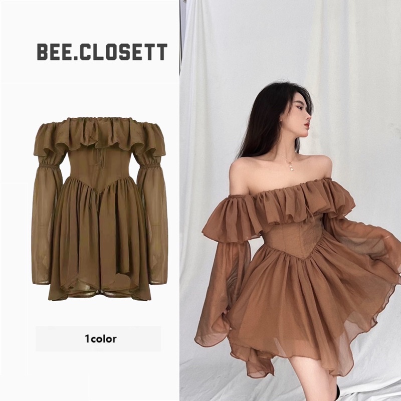 Đầm trễ vai vải voan bồng bềnh tay dài màu nâu tây