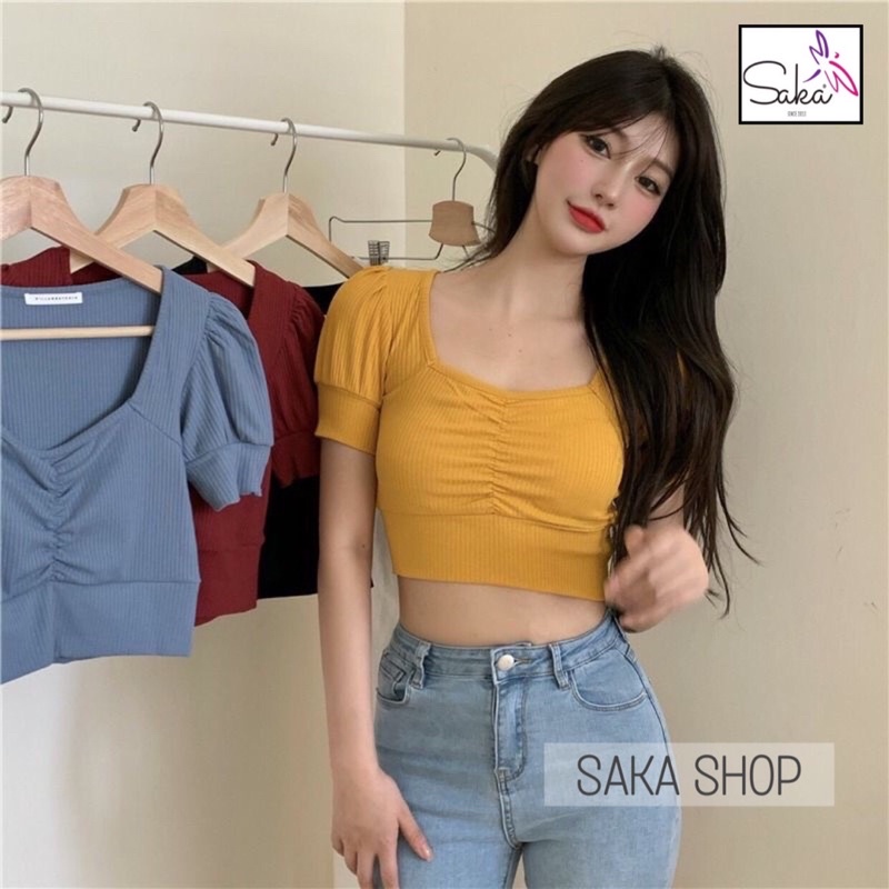 Áo croptop nữ kiểu tay ngắn nhún ngực bo eo viền tay dễ thương