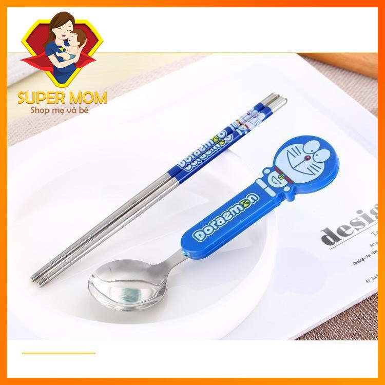 🔥Cao Cấp🔥 Bộ Đũa Thìa tập ăn 2 món inox chống gỉ cho bé hình Doremon Doraemon