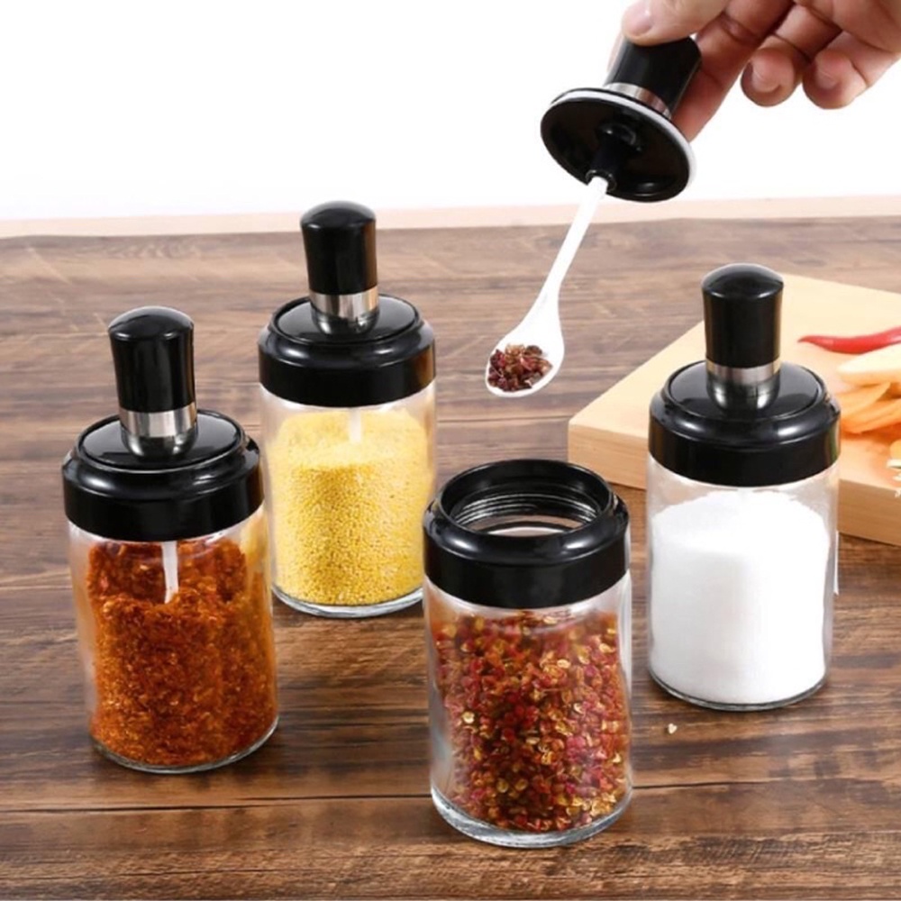 Hũ đựng gia vị có thìa thông minh - hộp gia vị thủy tinh kèm thìa.