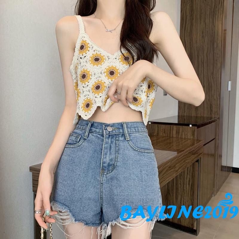 Áo Croptop Dệt Kim Sát Nách Cổ Chữ V Khoét Sâu In Họa Tiết Hoa Hướng Dương Thời Trang Mùa Hè Cho Nữ