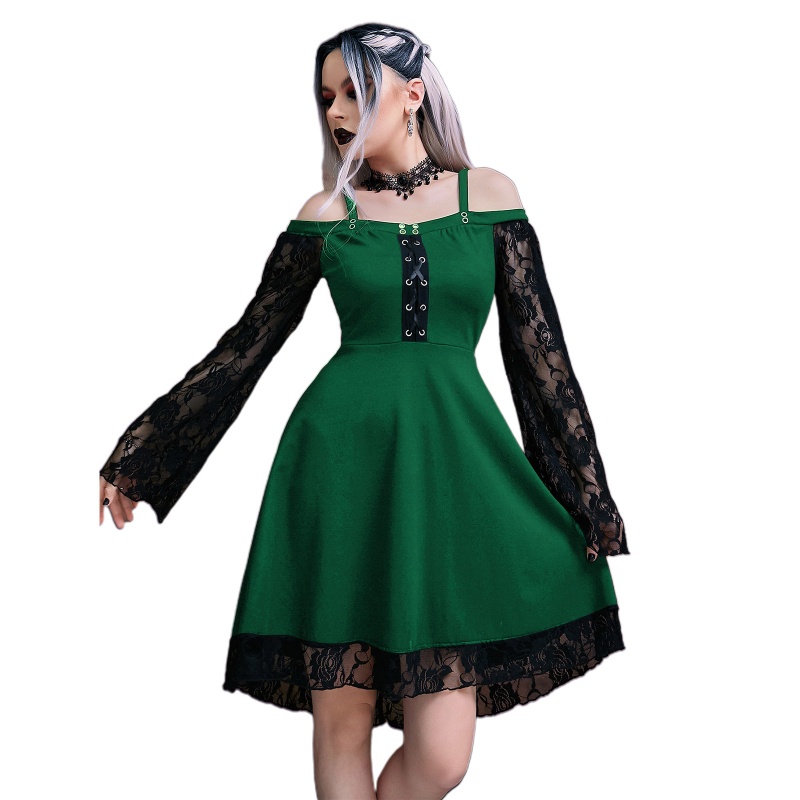 Youyo Đầm Midi Dáng Chữ A Xếp Ly Tay Chuông Phối Ren Phong Cách Harajuku Gothic Đường Phố Dự Tiệc Cho Nữ