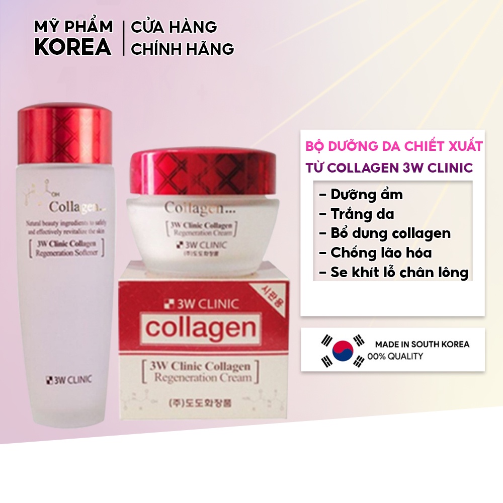 Bộ dưỡng trắng da săn chắc chiết xuất từ Collagen 3W Clinic Hàn Quốc giúp da sáng mềm mịn [Nước Hoa Hồng+ Kem]
