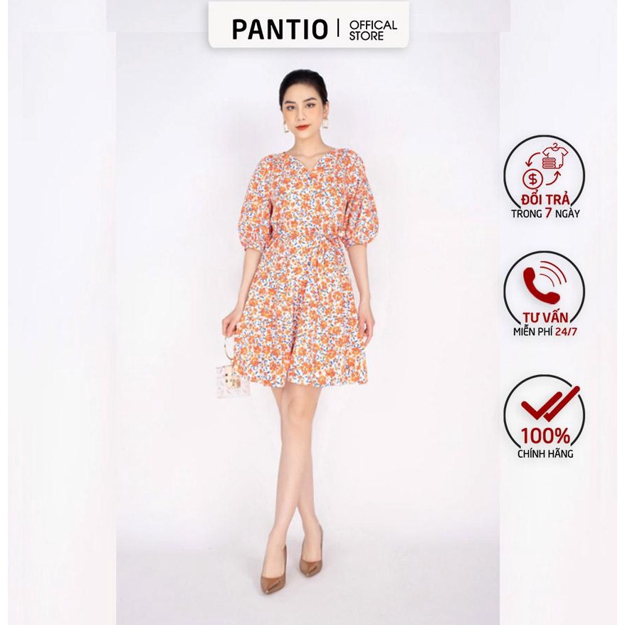 FDC33375 - Đầm công sở vải thô dáng xòe cổ V tay bồng bo chun kèm đai thắt - PANTIO