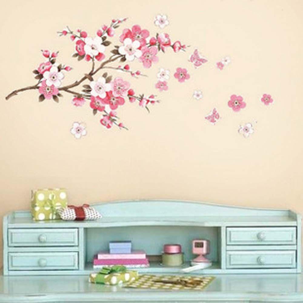 Sticker Dán Tường Bằng PVC Họa Tiết Hoa Mận Và Bướm Cổ Điển Trang Trí Nội Thất