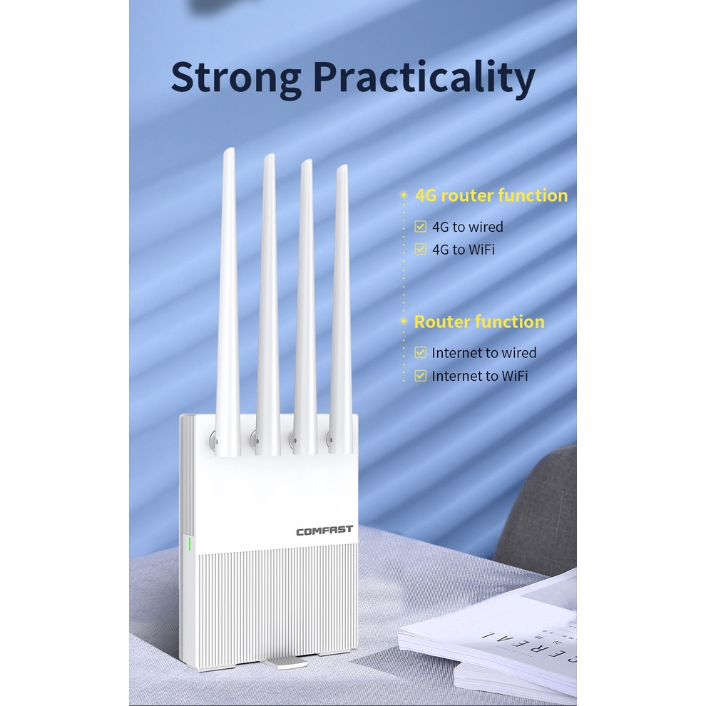 Bộ Phát Wifi COMFAST 4G LTE 300Mbps 2.4G Có Khe Thẻ SIM Và Khe Thẻ SIM 4*5dBi