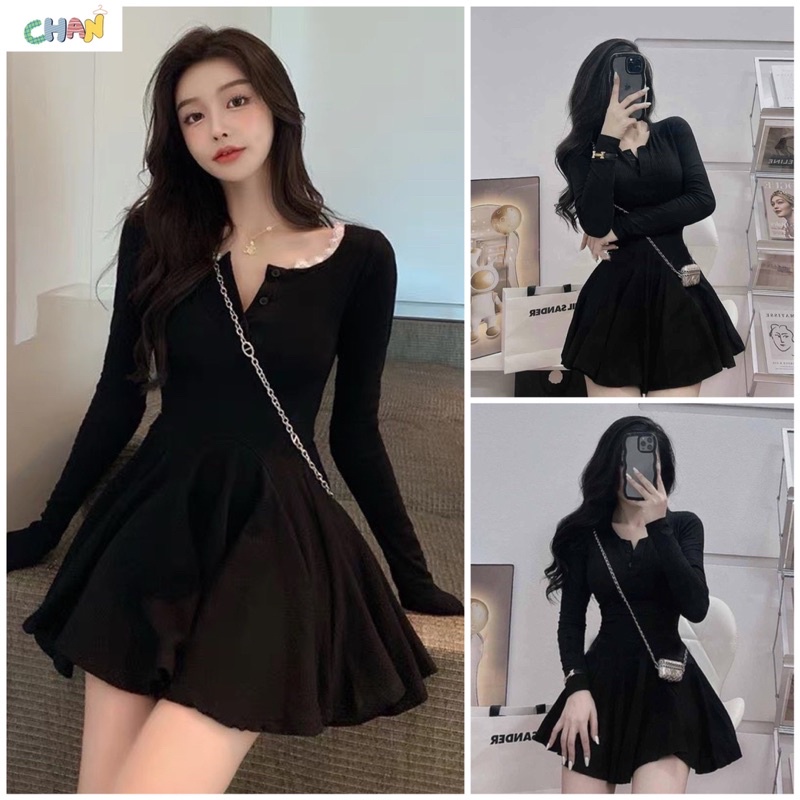 Váy Xoè Len Tăm Cúc Cổ Dài Tay, Đầm Màu Đen Nữ
