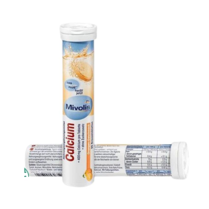 Viên Sủi Đức Mivolis Calcium Bổ Sung Canxi hộp 20 viên Hương cam không đường Giúp phát triển hệ xương, răng chắc khoẻ