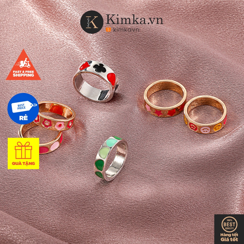 (0382) Nhẫn Kim Loại Tráng Men Khắc Dải Hình Học Màu Sắc