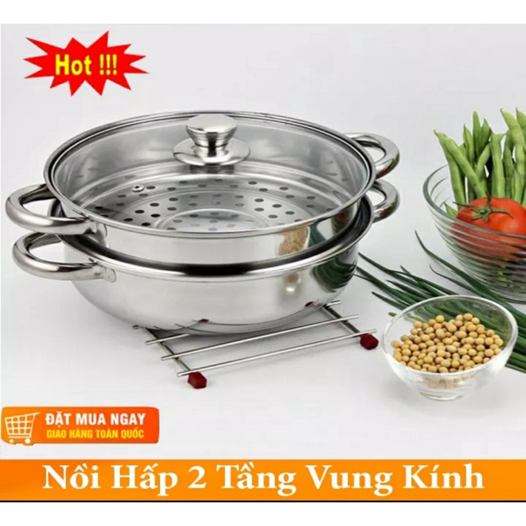 Nồi Hấp Inox 2 Tầng Đa Năng, Nồi Hấp Bánh Bao, Hấp Trứng Cao Cấp Nắp Kính
