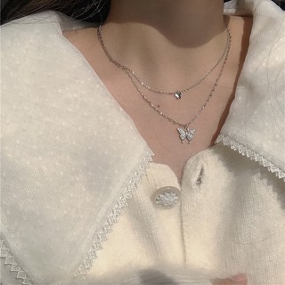 Vòng cổ Sợi Xích Đôi Mặt Hình Bướm Đính Đá Lấp Lánh Phong Cách Hàn Quốc