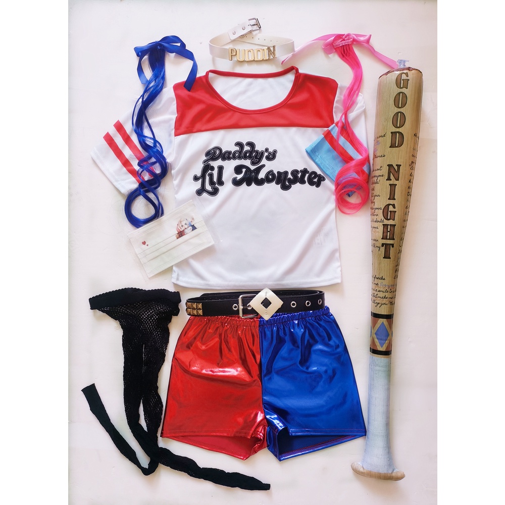 8 cái / bộ Harley Quinn Trang phục Halloween Trẻ em Cô gái Cosplay Suicide Squad T-shirt Bộ quần short