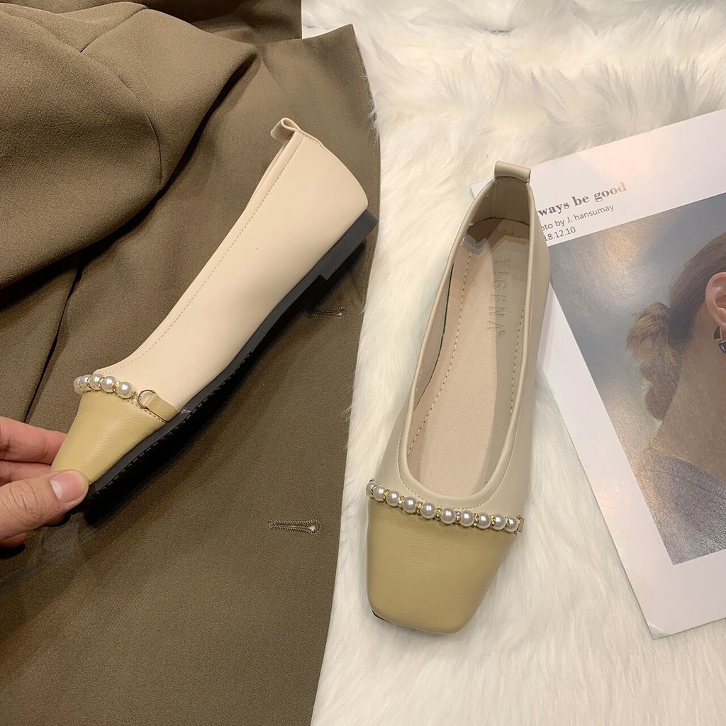 Giày Búp Bê Da Mềm Đế Bằng Mũi Vuông Đính Hạt Giả Ngọc Trai Thời Trang 2022 Xiaoxiangfeng Cho Nữ