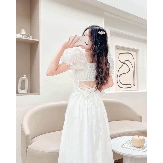 Đầm midi trắng xếp ly ngực dáng dài tiểu thư váy trắng chụp kỉ yếu
